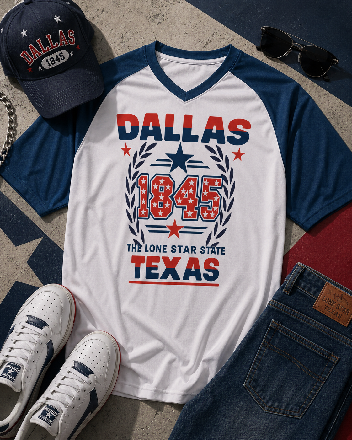 White and blue baseball shirt with 'Dallas 1845' design, surrounded by casual clothing items on a textured surface.