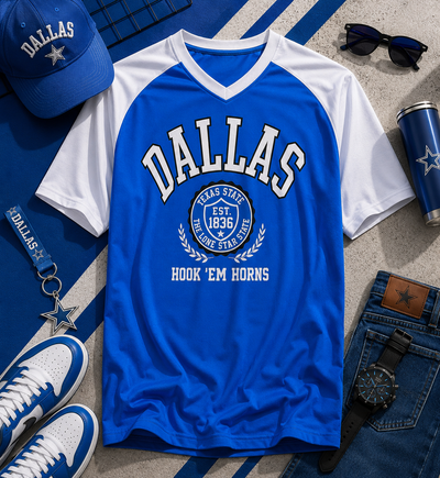 Blue and white 'Dallas' t-shirt with school logo, surrounded by accessories on a textured surface.