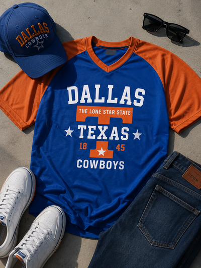 Blue and orange 'Dallas Cowboys' t-shirt with a cap, sunglasses, and jeans on a concrete surface.