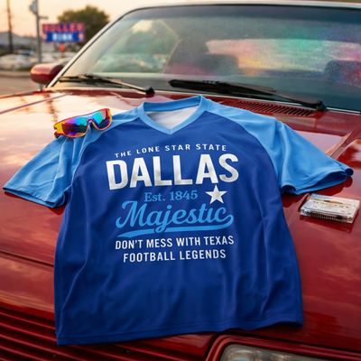 Blue t-shirt with Dallas text on a red car hood