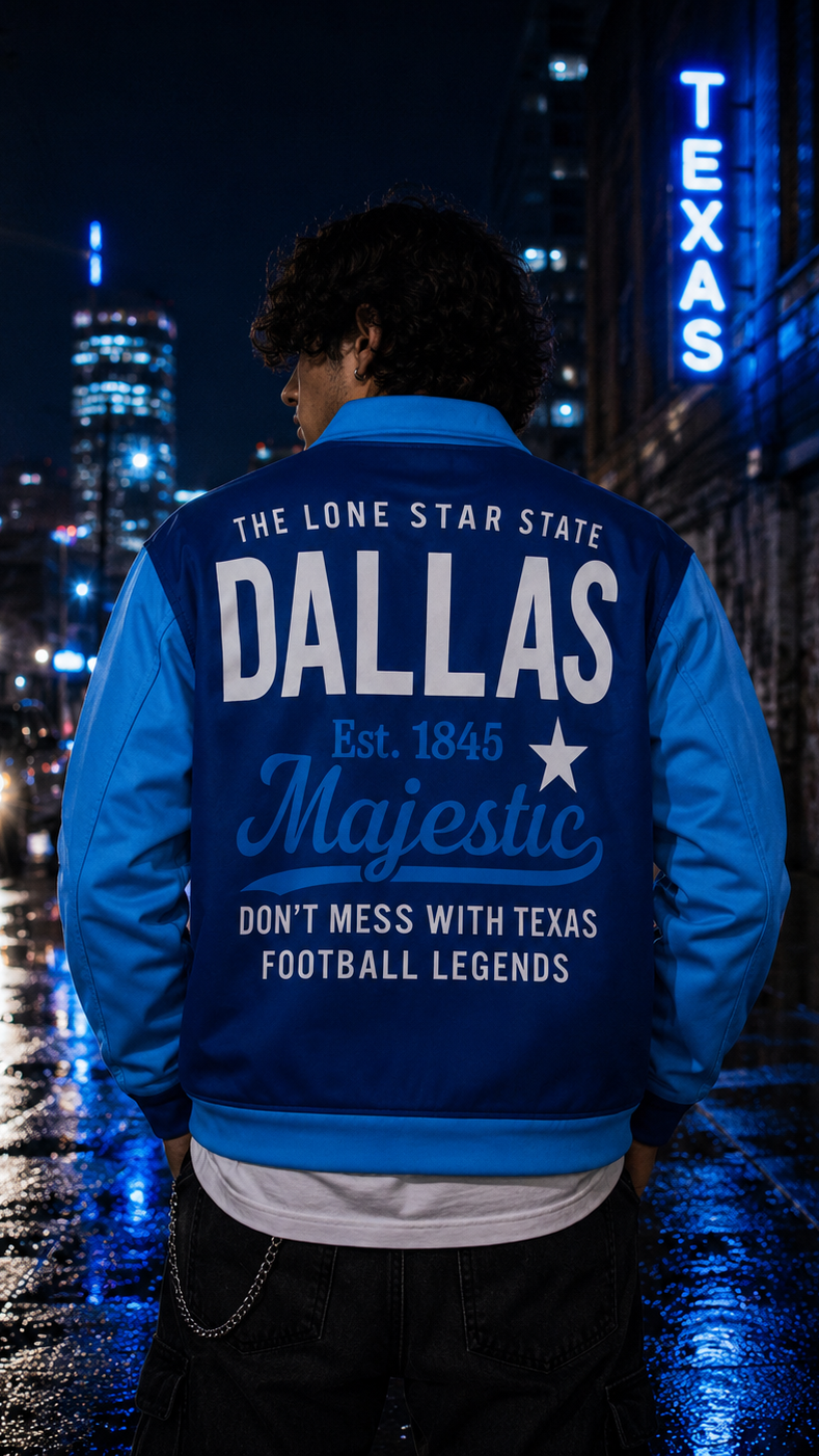 Person wearing a blue and white jacket with 'Dallas' text, standing on a city street at night.