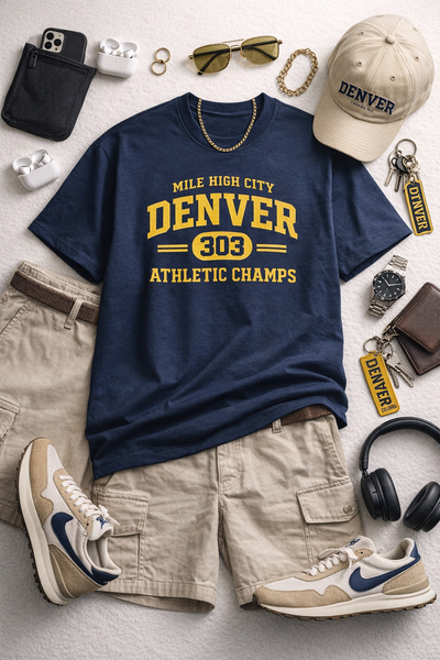Navy t-shirt with 'Denver Athletic Champs' text, surrounded by accessories on a light background