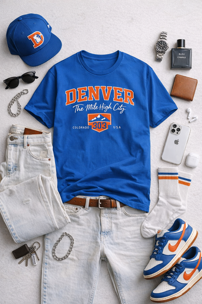 Blue t-shirt with 'Denver' text and graphics, surrounded by casual clothing and accessories on a light surface.