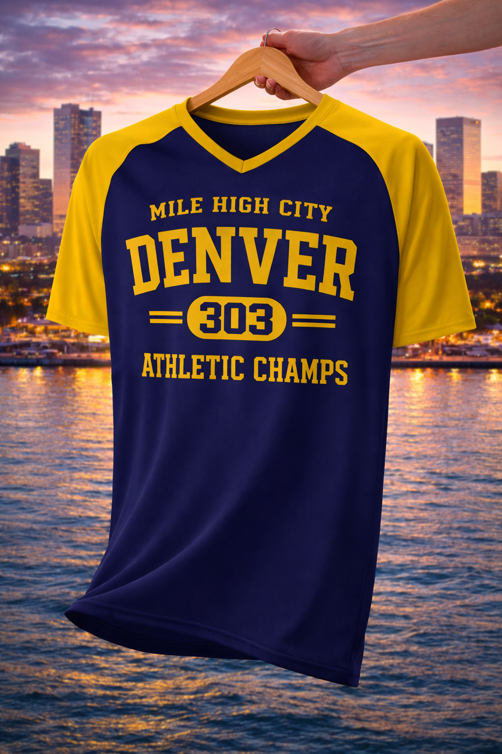 Navy and yellow t-shirt with 'Denver Athletic Champs' text on a cityscape background