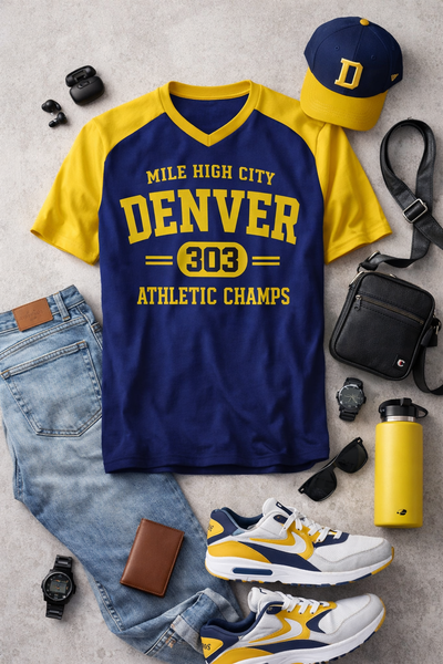 Collection of Denver-themed clothing and accessories on a gray surface