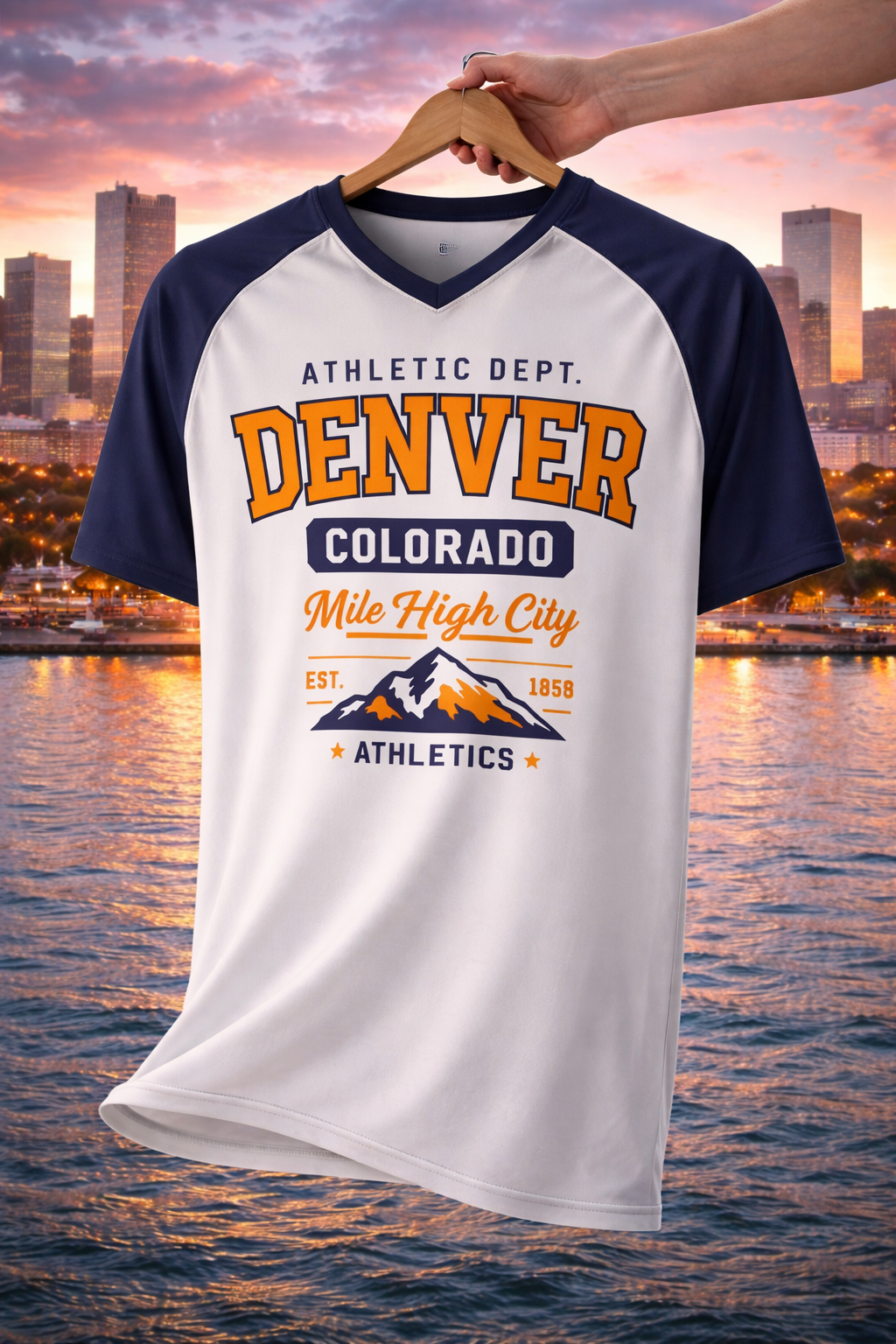 Denver Colorado Athletic Dept T-Shirt – White, Navy Blue  Orange Mile High City Varsity tee