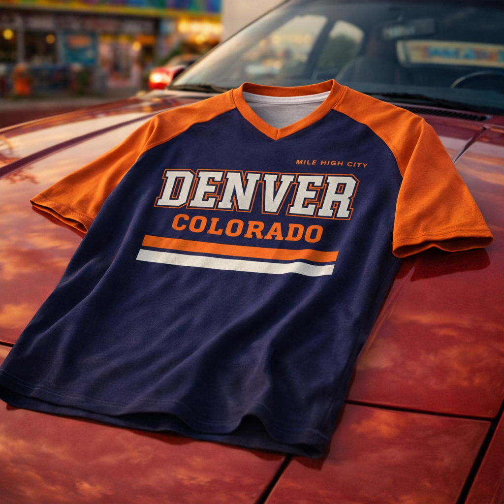 Navy and orange shirt with 'Denver Colorado' text on a car hood