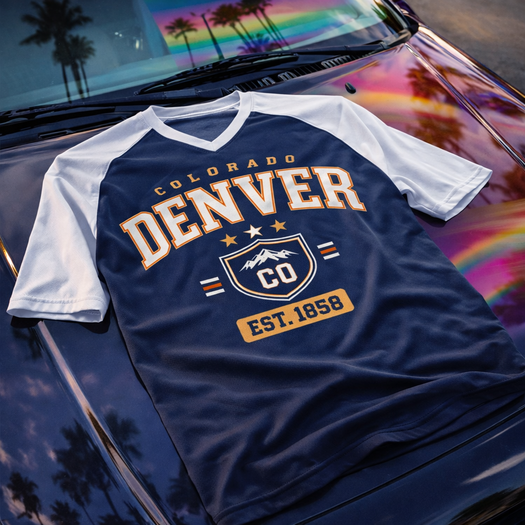 Navy and white t-shirt with 'Colorado Denver CO EST. 1858' design on a car hood with palm trees and rainbow in the background.