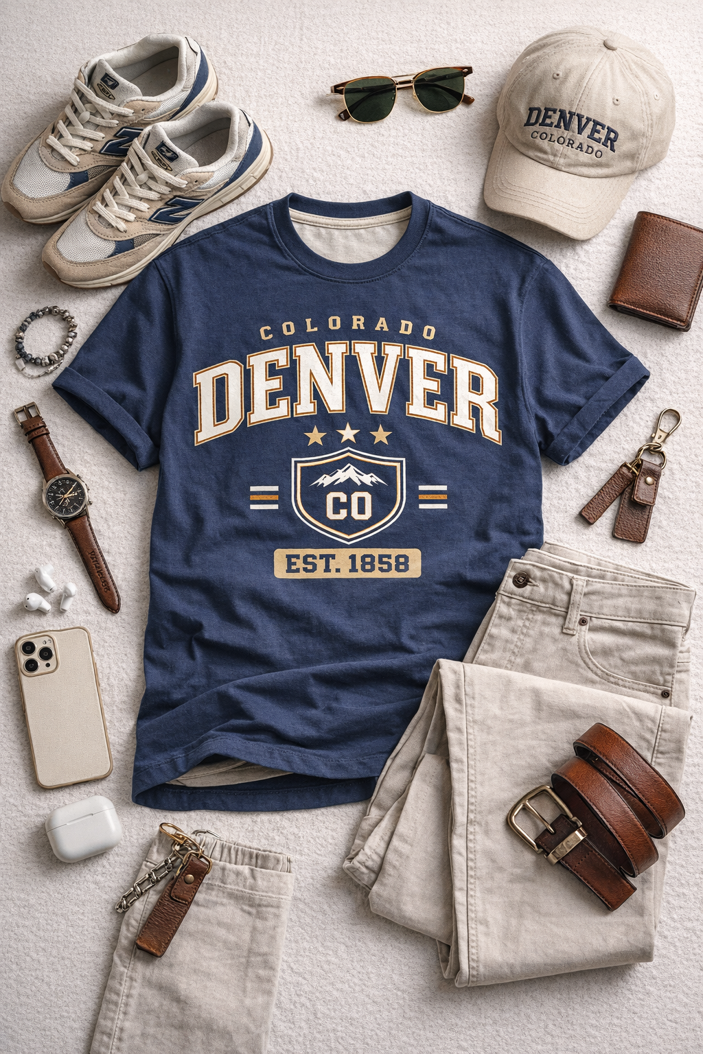 Blue 'Colorado Denver' t-shirt with accessories on a light gray surface