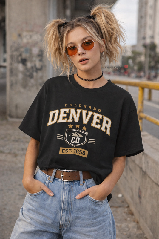 Person wearing a black 'Colorado Denver' t-shirt with sunglasses and pigtails in an urban setting.