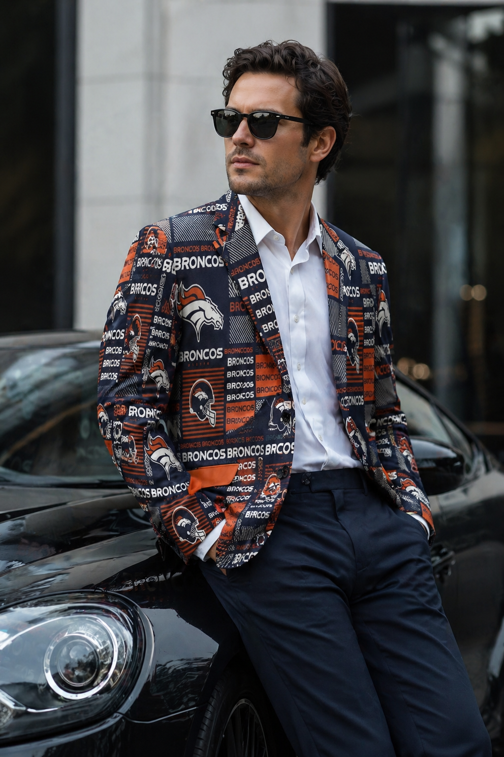 Man wearing a patterned blazer with sports team logos, standing next to a car.