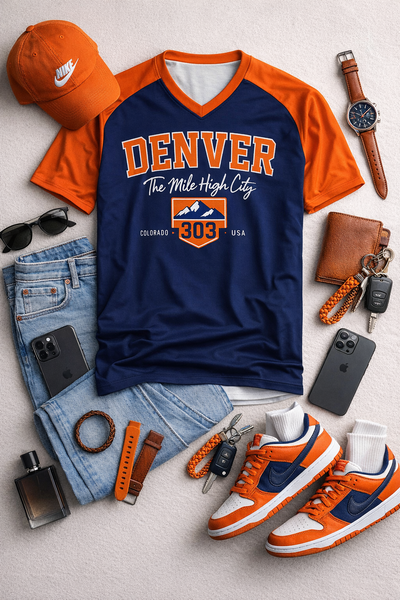 Collection of Denver-themed clothing and accessories including a t-shirt, cap, shoes, and jeans on a light gray background.