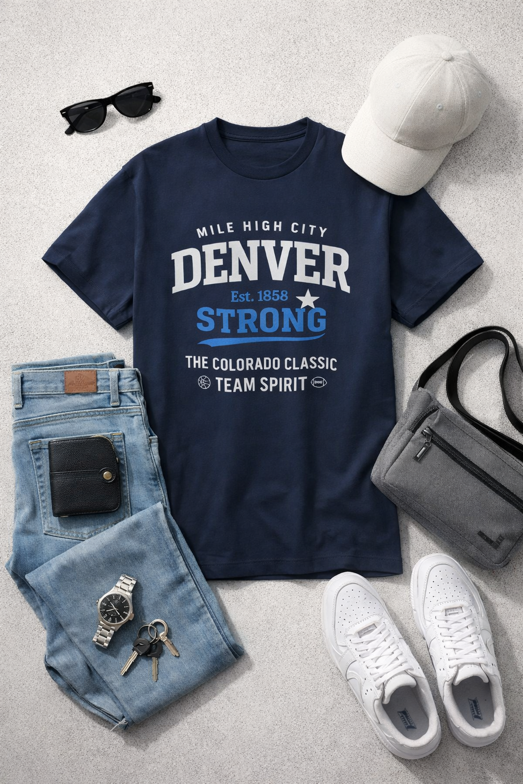 Navy t-shirt with 'Denver Strong' text, jeans, white sneakers, sunglasses, and a cap on a light gray background.