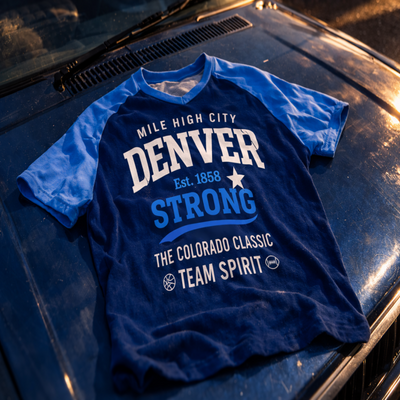 Blue t-shirt with 'Denver Strong' text on a car hood