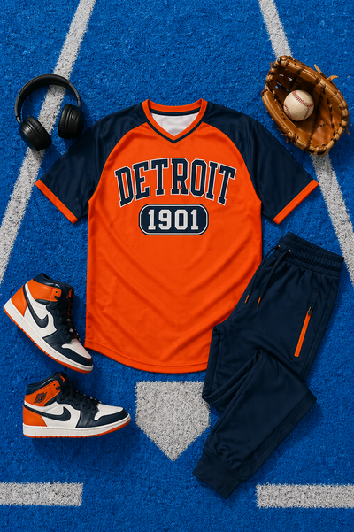 Baseball-themed outfit with orange and navy jersey, pants, shoes, and a baseball glove on a blue field background.