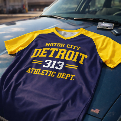 Dark Slate Gray Detroit 313 Athletic T-Shirt – Navy Blue and Yellow Varsity Streetwear tee