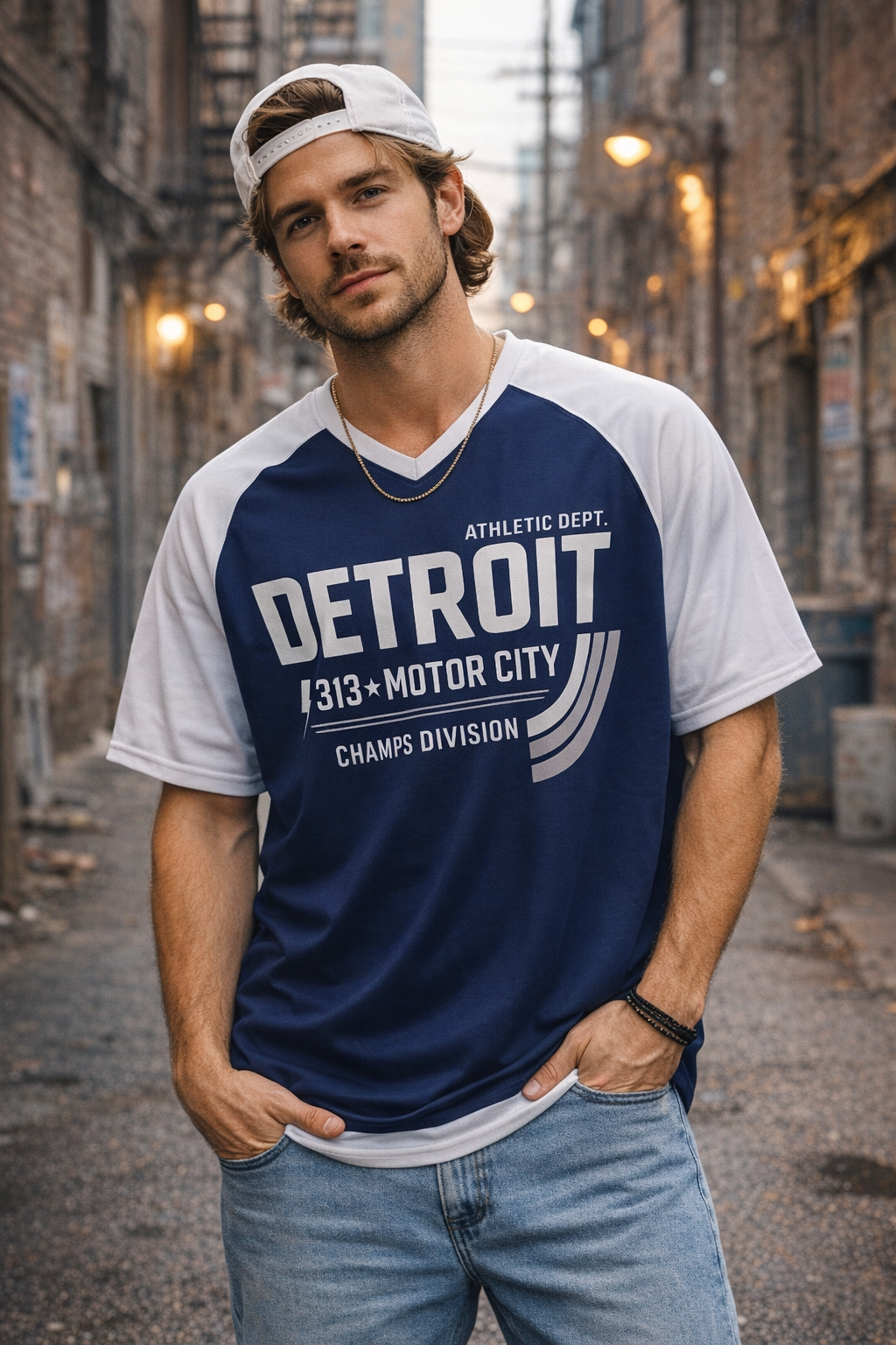 Man wearing a blue and white 'Detroit' t-shirt in an urban alleyway.