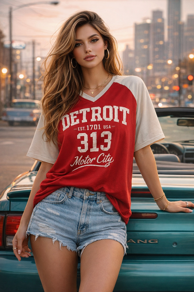 Woman wearing a 'Detroit 313 Motor City' t-shirt standing next to a vintage car with a cityscape background.