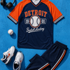 Baseball-themed outfit with jersey, pants, sneakers, and baseball on a blue background