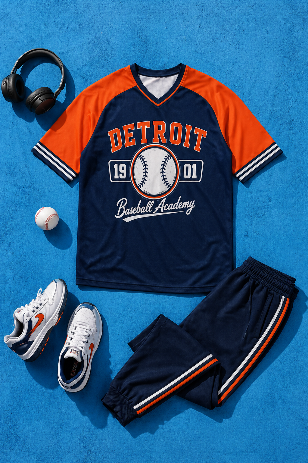Baseball-themed outfit with jersey, pants, sneakers, and baseball on a blue background
