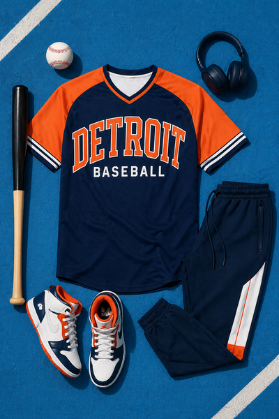Baseball-themed outfit with 'Detroit Baseball' jersey, pants, shoes, bat, and ball on a blue background.