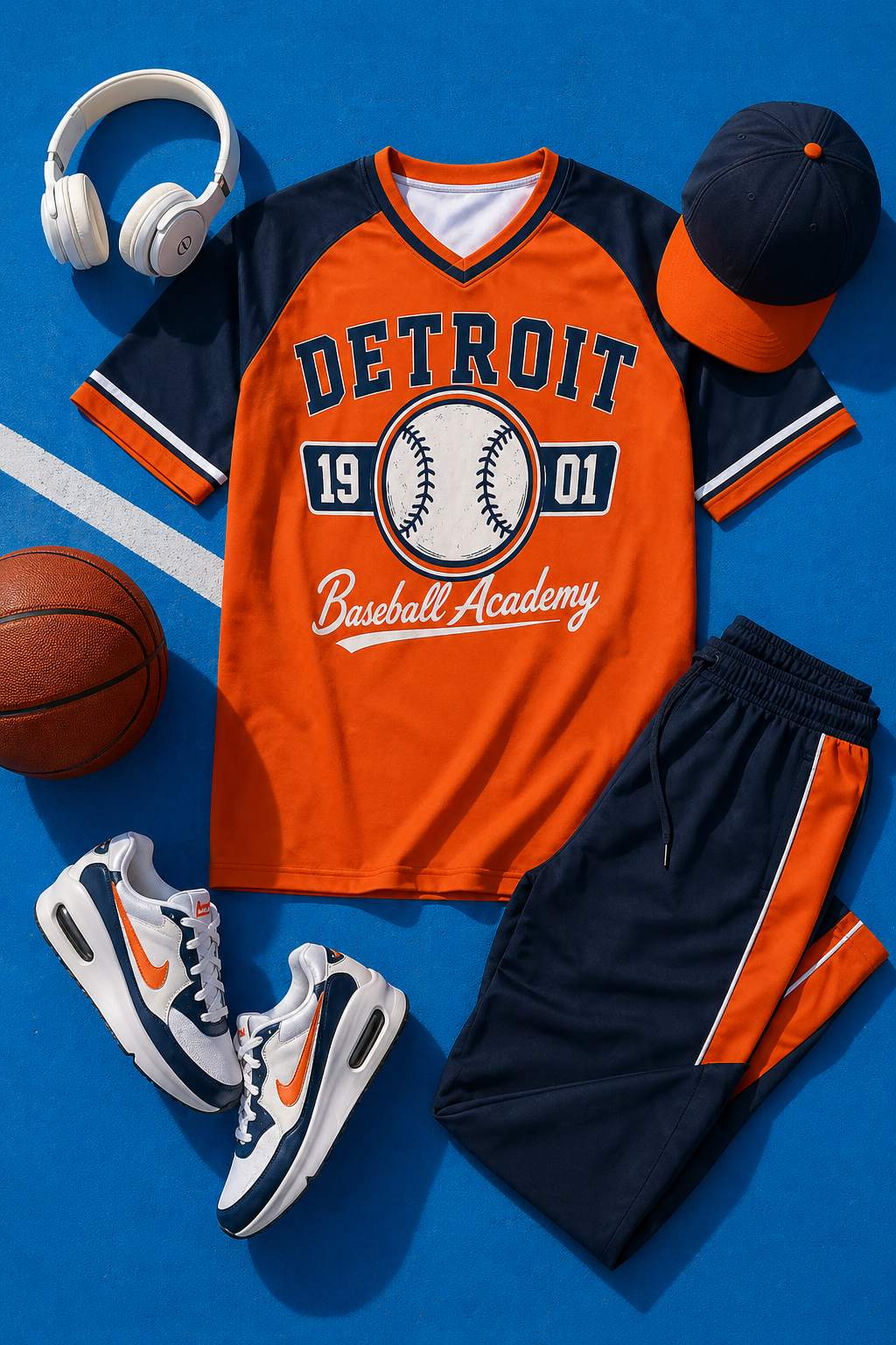 Orange and navy sports outfit with 'Detroit Baseball Academy' shirt, shorts, and accessories on a blue background
