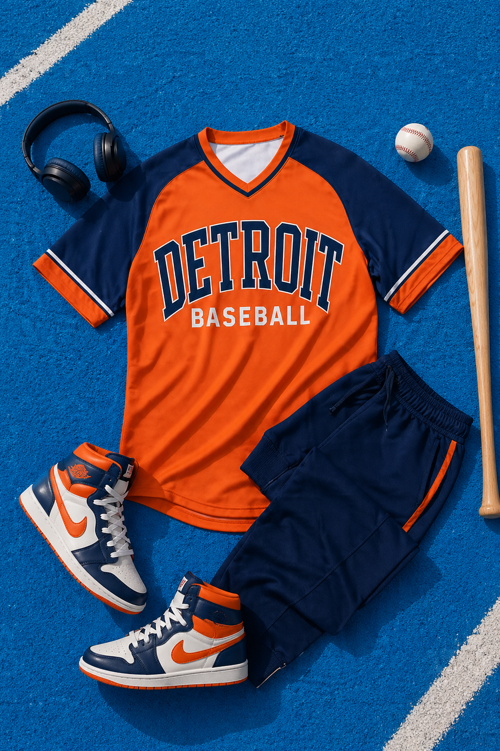 Detroit baseball-themed outfit with jersey, shorts, shoes, and sports equipment on a blue surface.