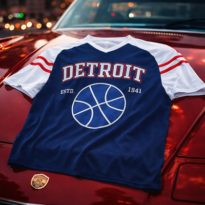 Midnight Blue Detroit Basketball Varsity T-Shirt – Navy Blue, White and Red Urban Athletic Streetwear