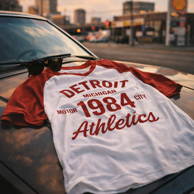 Gray Detroit Michigan 1984 Athletics T-Shirt – White and Rust Red Retro Streetwear Tee