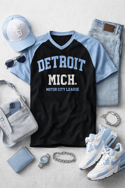 Detroit Michigan Varsity T-Shirt – Black and Light Blue v