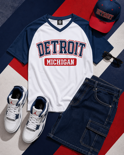 Detroit-themed clothing and accessories including a t-shirt, sneakers, shorts, and a cap on a red, white, and blue striped background.