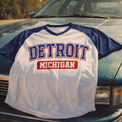 Rosy Brown Detroit Michigan Varsity T-Shirt – White, Navy Blue and Red Urban Streetwear Tee