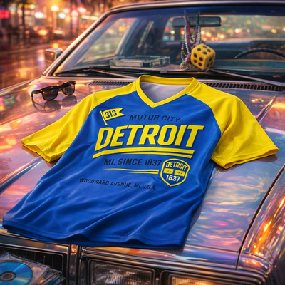 Midnight Blue Detroit Motor City Basketball T-Shirt – Blue and Yellow Varsity Athletic Streetwear Tee