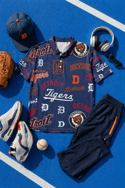 Detroit Tigers-themed shirt with accessories on a blue surface