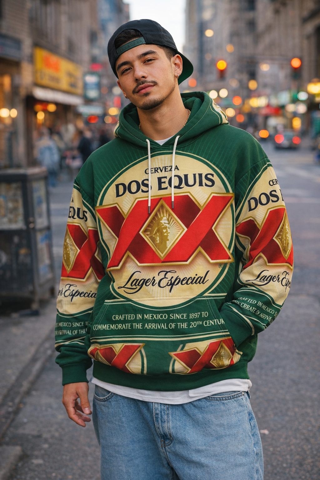 Person wearing a Dos Equis hoodie on a city street