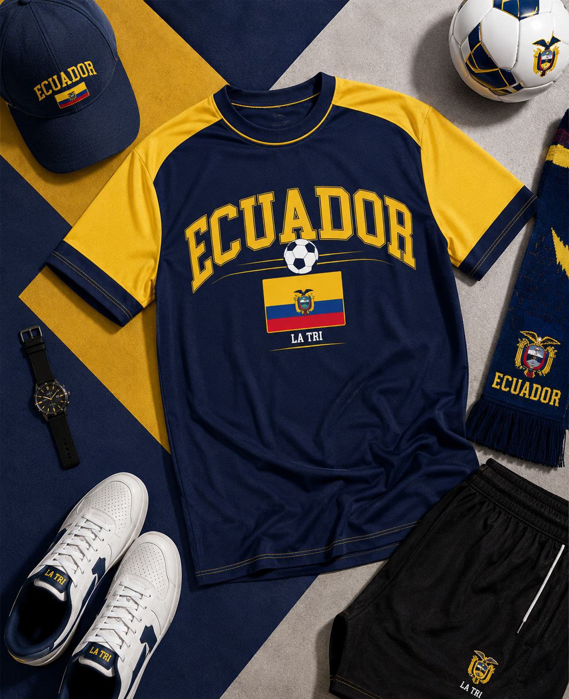Navy and yellow Ecuador-themed sports outfit with accessories on a patterned surface