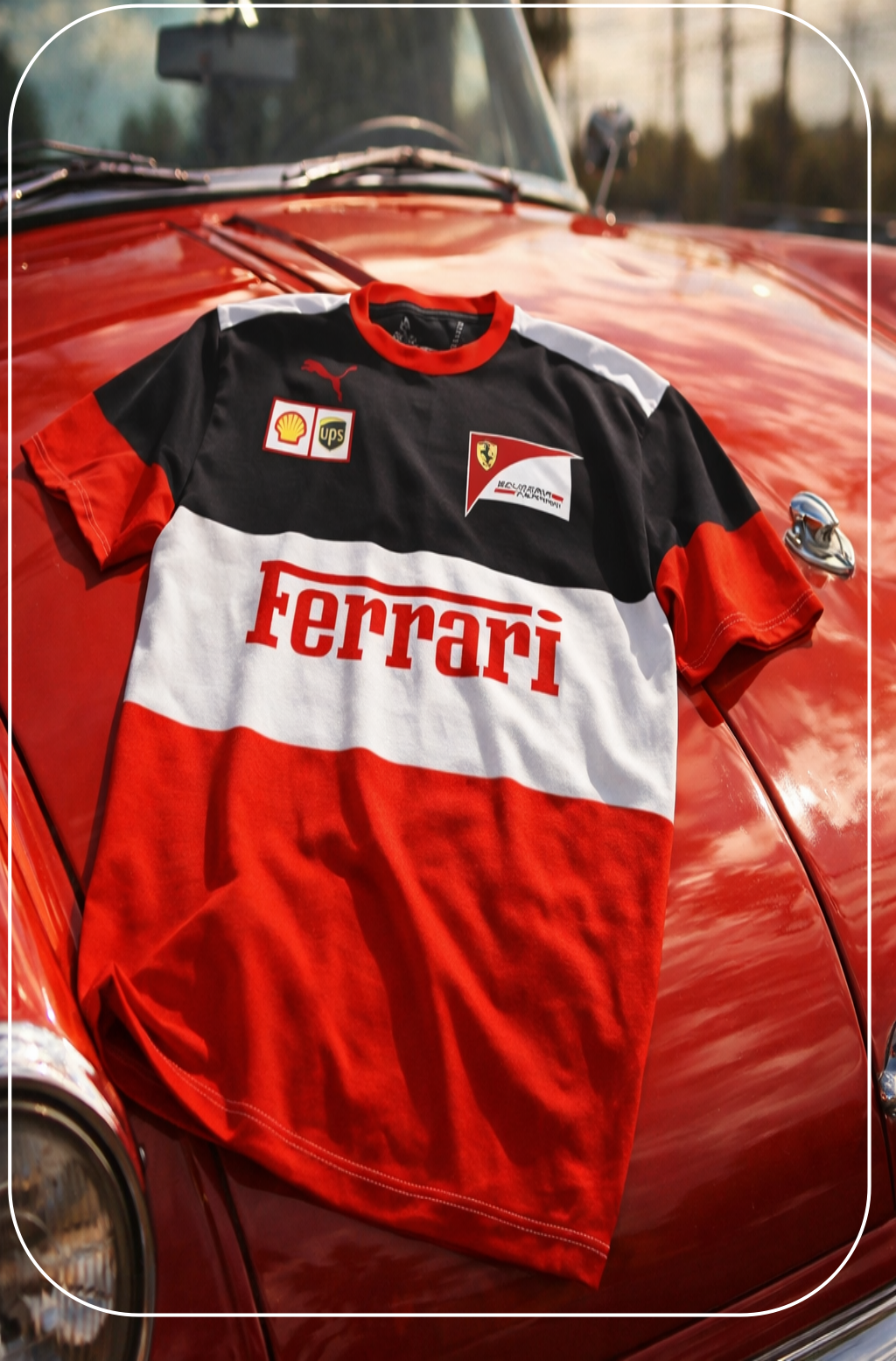 Ferrari shirt on a red car with visible logos