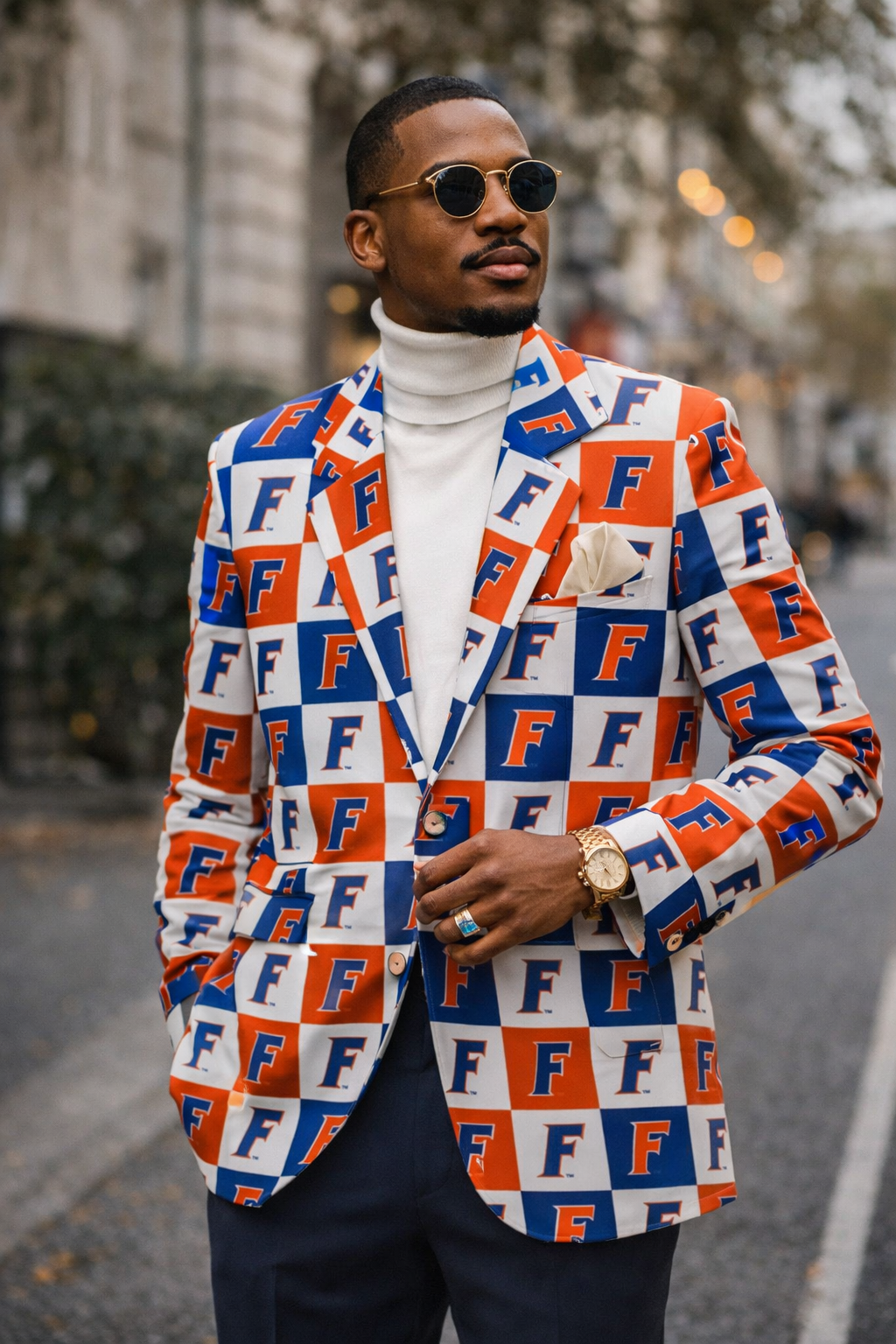 Man wearing a colorful patterned blazer with 'F' logo, standing outdoors.