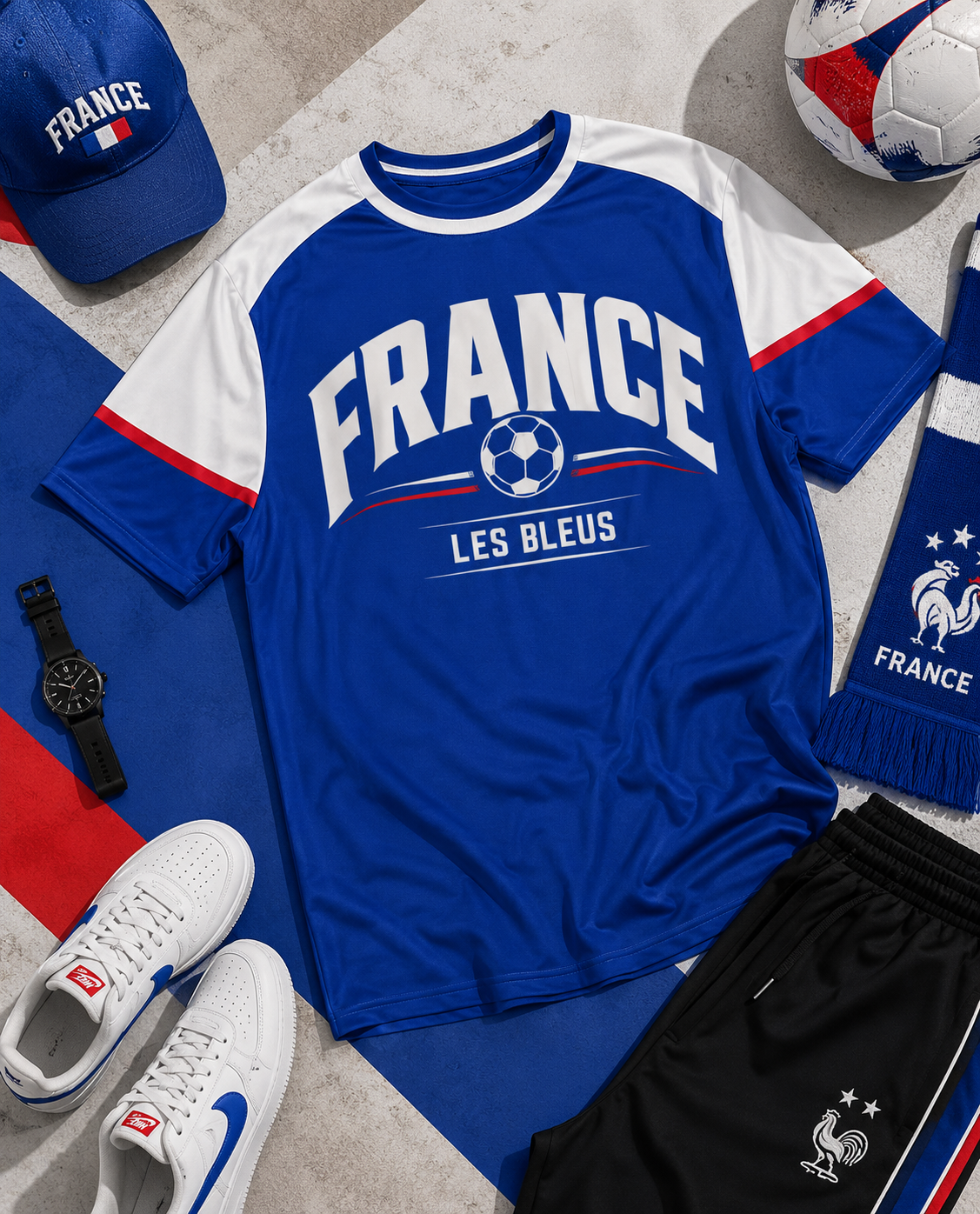 Blue and white sports jersey with 'France' and 'Les Bleus' text, surrounded by sports-themed items.
