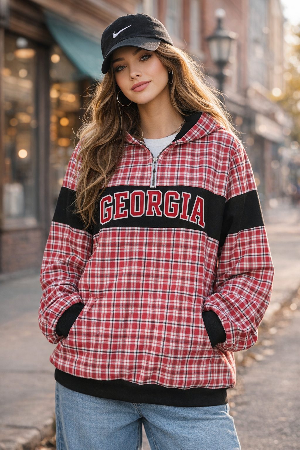Woman wearing a red and black plaid jacket with 'Georgia' text, standing on a street.