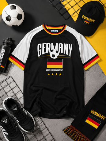 Germany-themed sports gear including a t-shirt, shoes, scarf, and hat on a checkered floor.