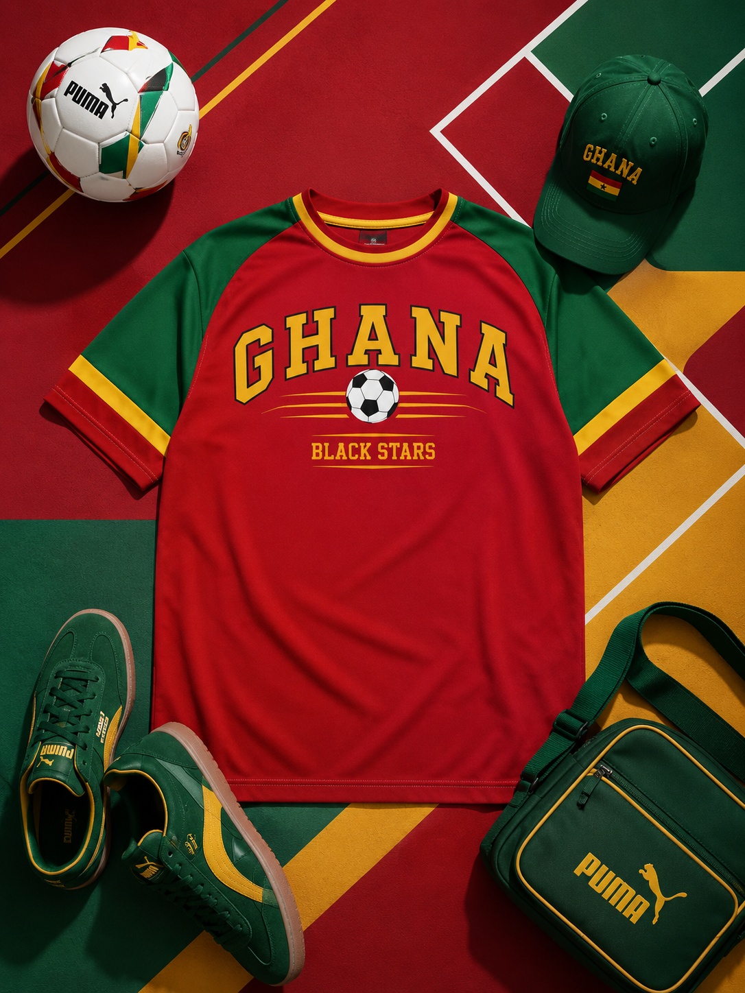 Ghana Black Stars sports jersey with soccer ball, cap, and bag on a colorful background