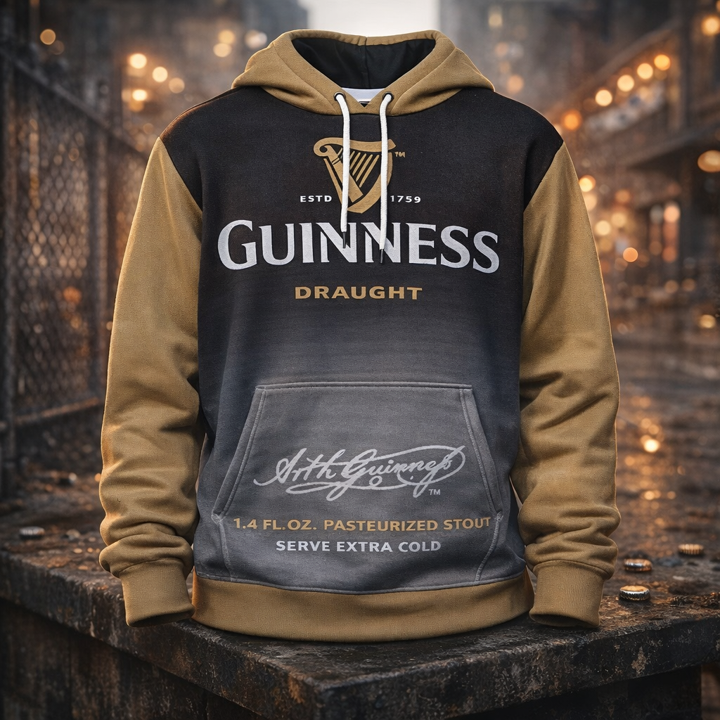 Guinness hoodie with branding on a stone surface