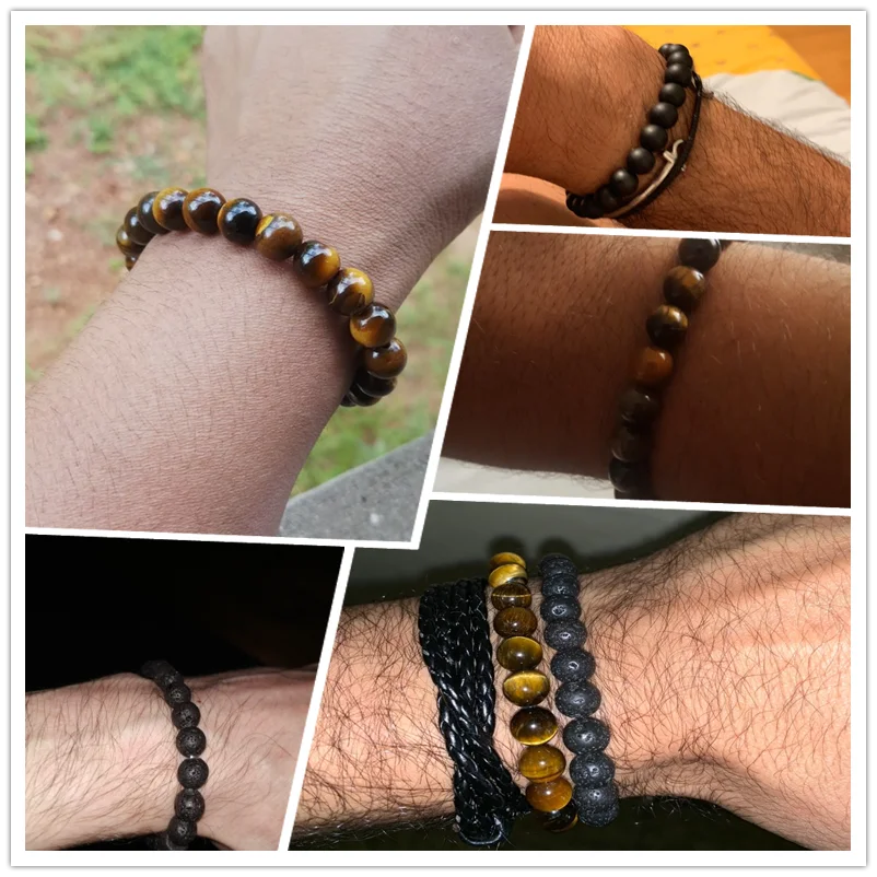 Black 8mm Tiger Eye Stone Beads Bracelet Adjustable Braided Rope Bangles Natural Lava Rock Men Women Yoga Healing Balance Bracelets
