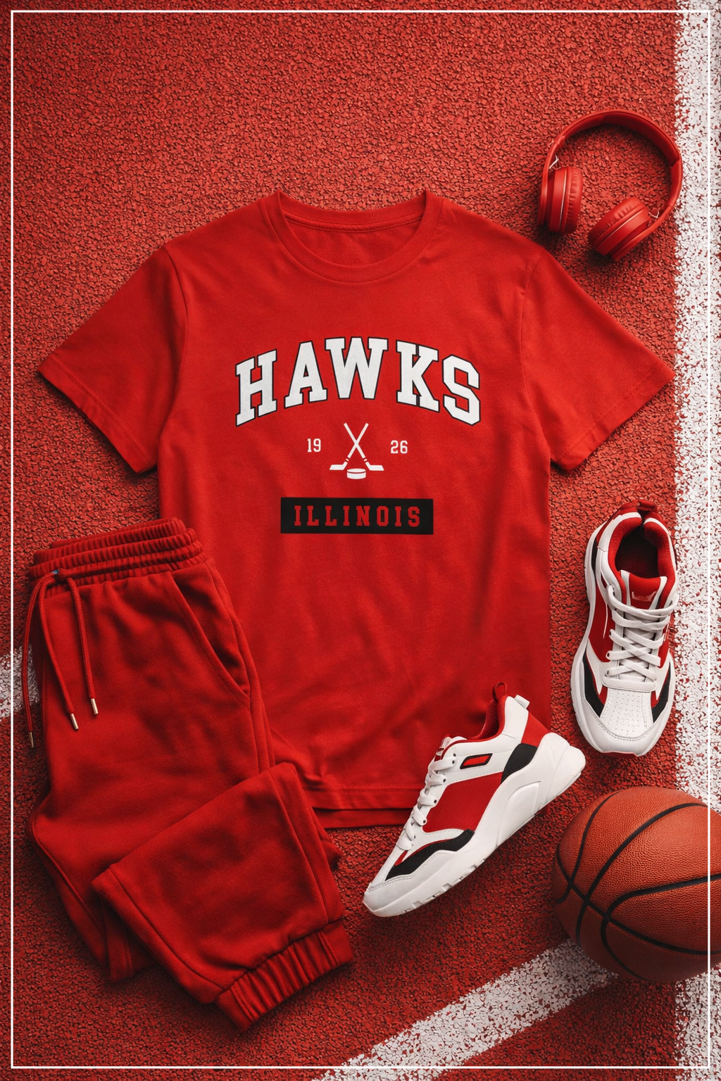 Red 'Hawks Illinois' t-shirt, shorts, sneakers, and basketball on a red textured background