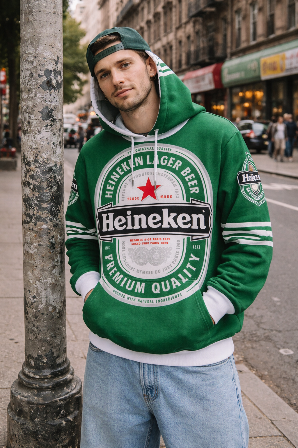 Person wearing a green Heineken hoodie on a city street
