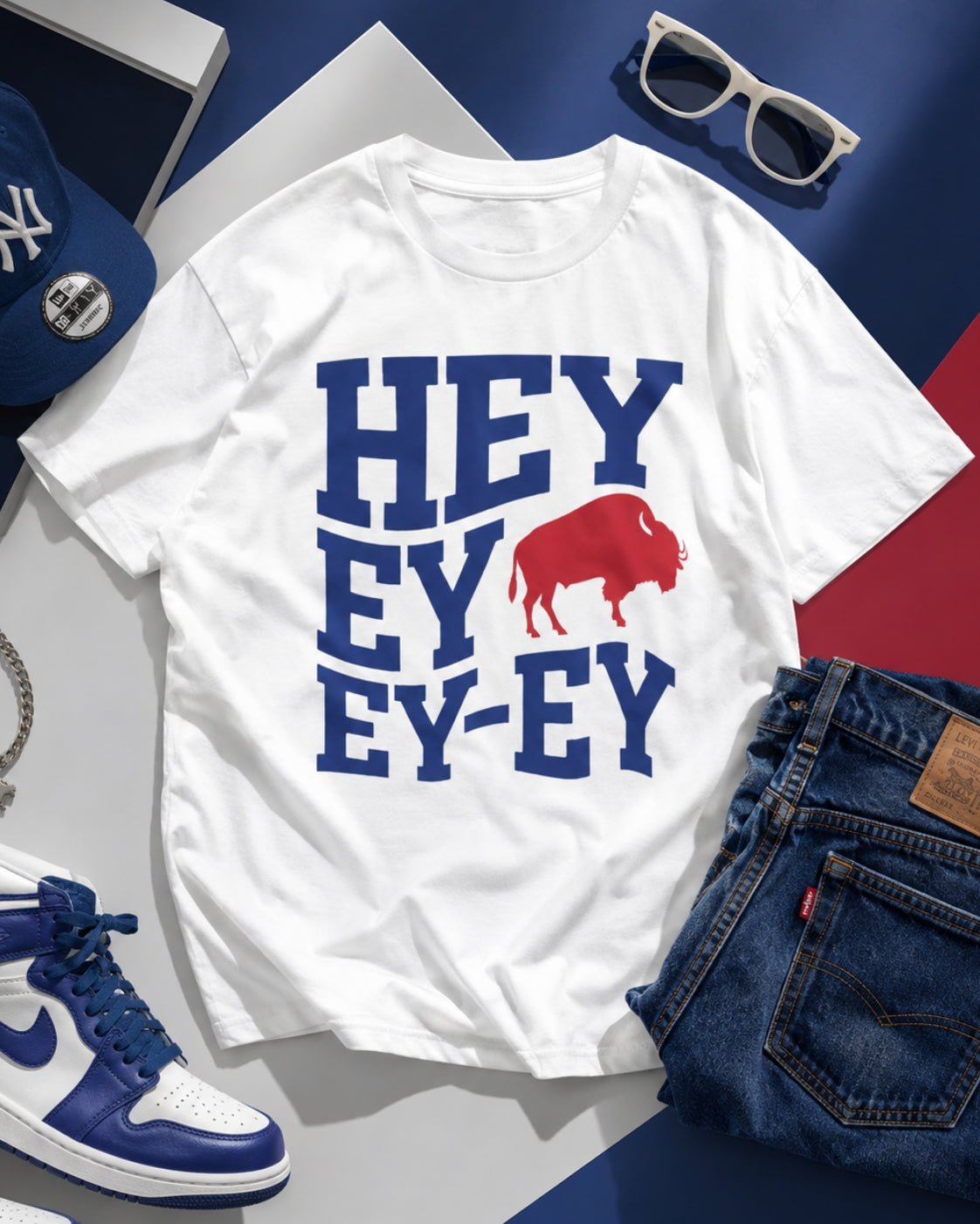 White t-shirt with 'HEY EY EY-EY' text and red graphic, surrounded by blue and white sneakers, sunglasses, and jeans on a colorful background.