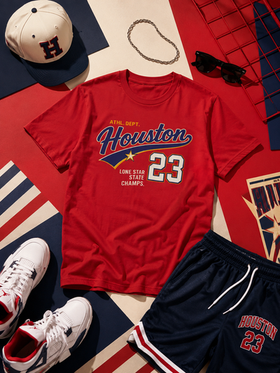 Red t-shirt with 'Houston 23' design, navy shorts, white sneakers, cap, and sunglasses on a colorful background.