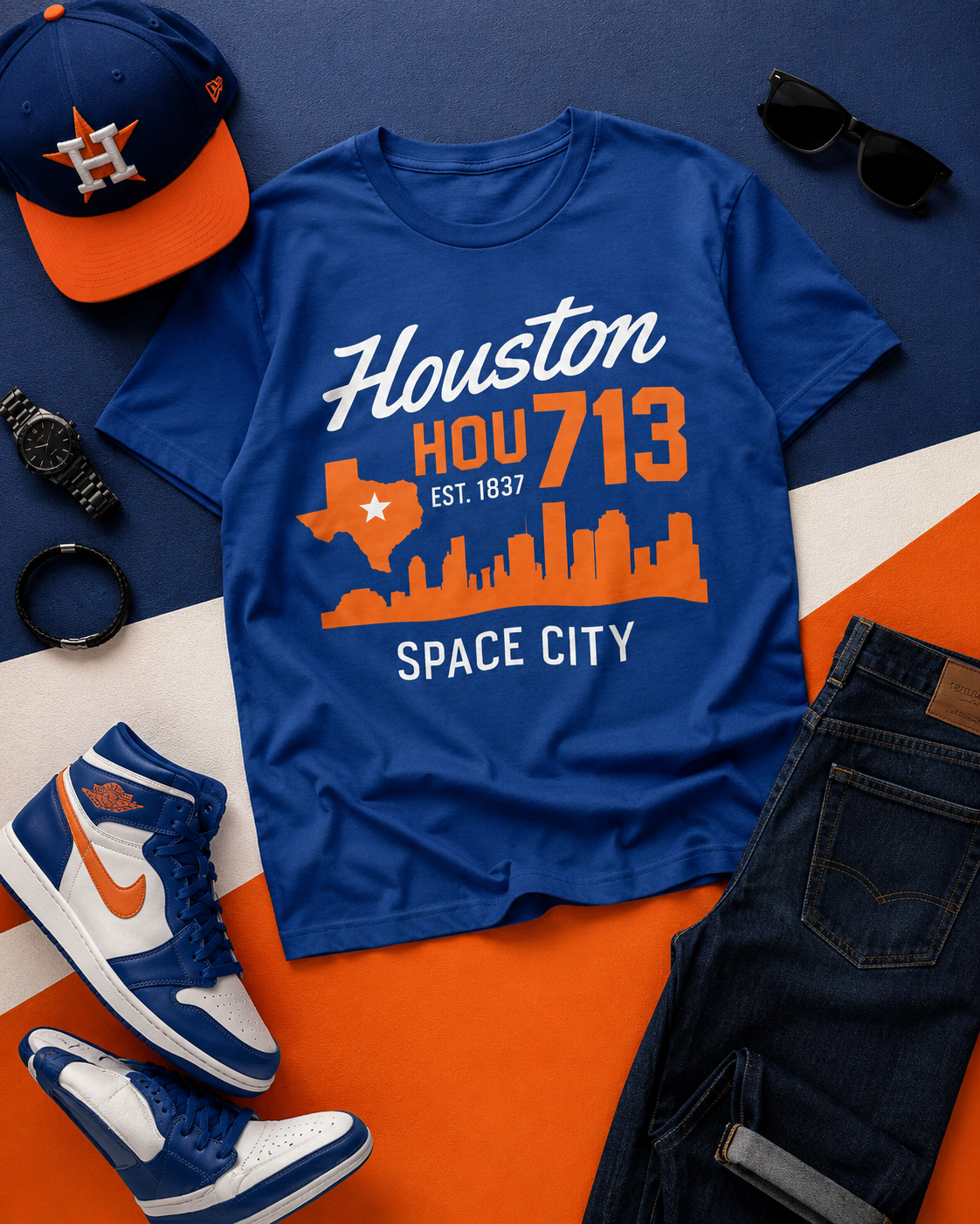 Blue t-shirt with 'Houston HOU713 SPACE CITY' design, surrounded by accessories on a colorful background