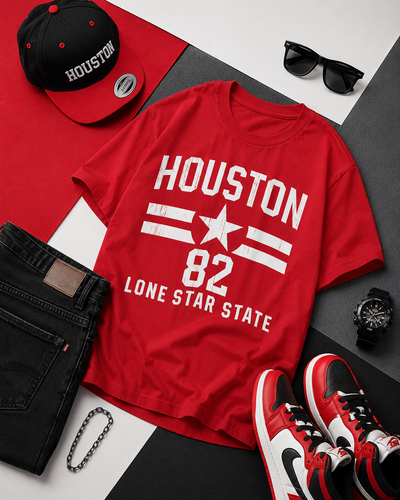 Red t-shirt with 'Houston 82 Lone Star State' design, surrounded by accessories on a white and gray surface.